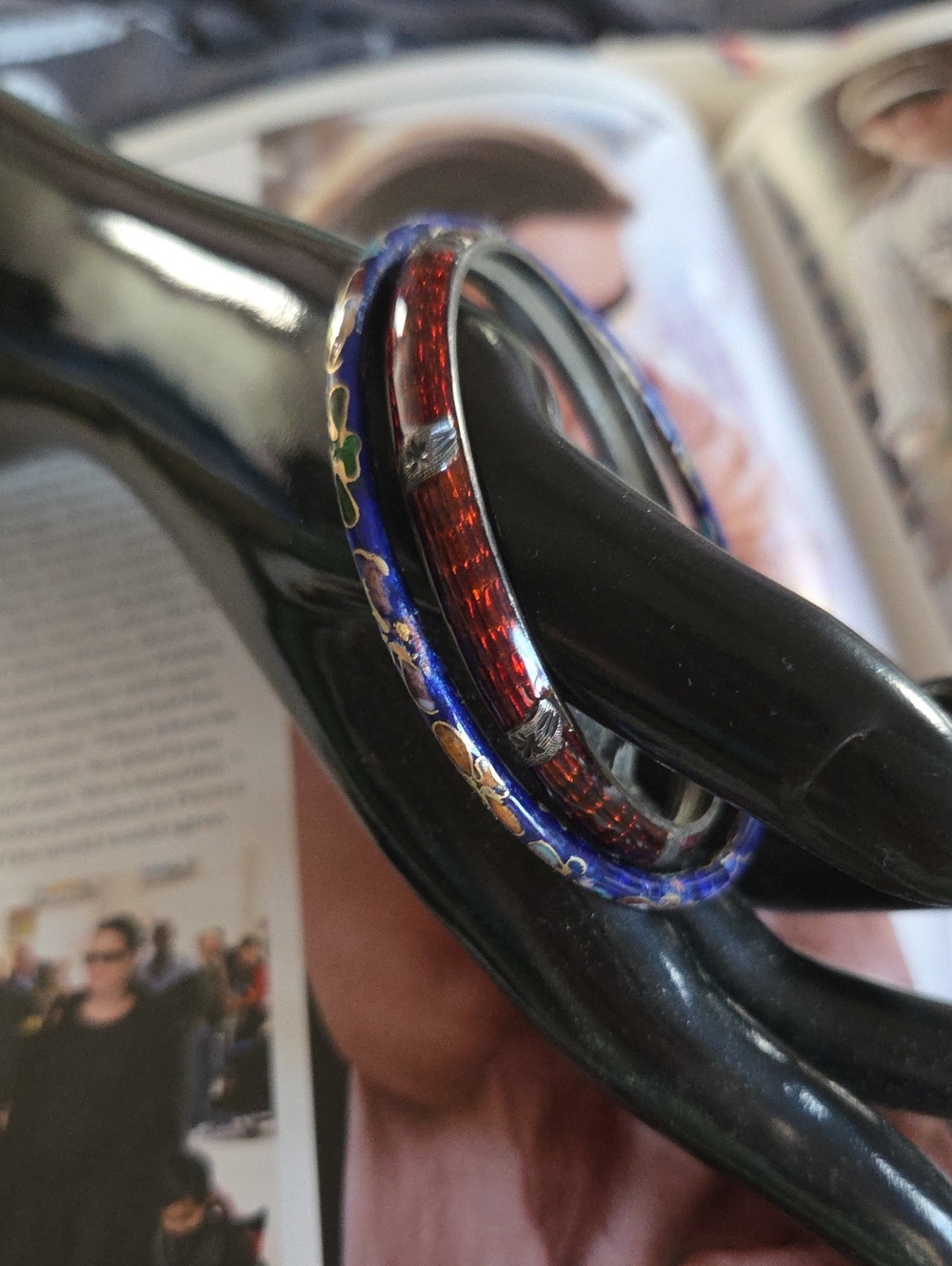 Set of 2 Cloisonne' Vintage Enamel Bangle Bracelets — Blue and Red-Tone